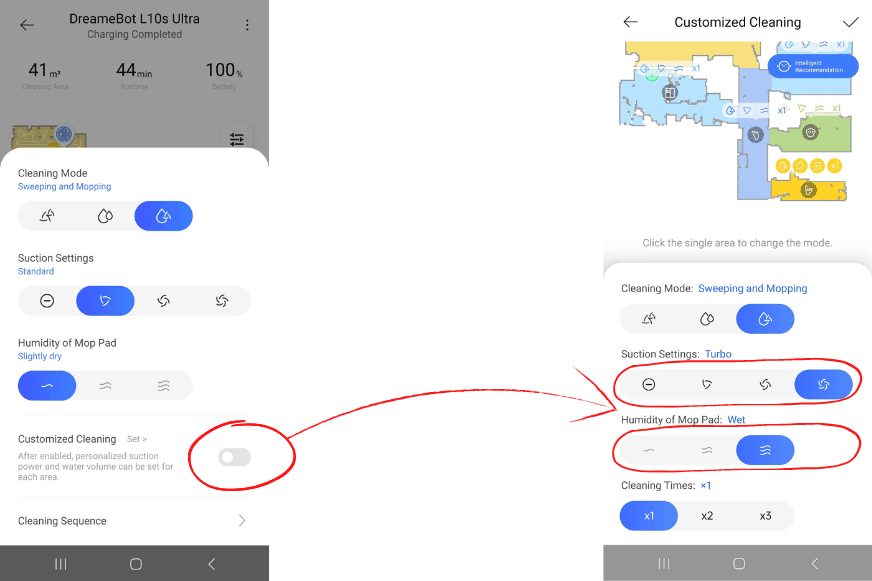 Настройки мощности всасывания и воды в приложении Dreame L10s Ultra.